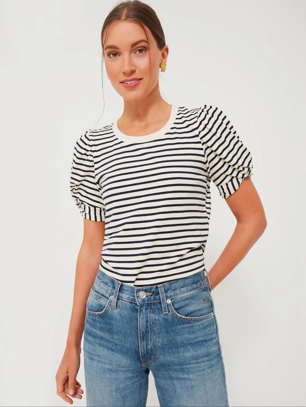 NWT Tuckernuck Pomander Place Navy Striped Vesty Puff Short Sleeve Crewneck Top
